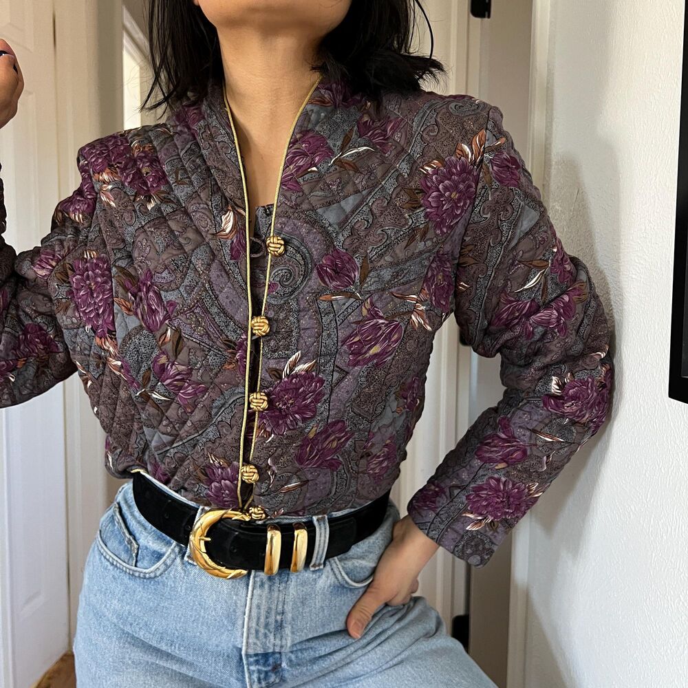 Vintage 90s quilted bomber‎ blazer floral purple retro romantic size 14